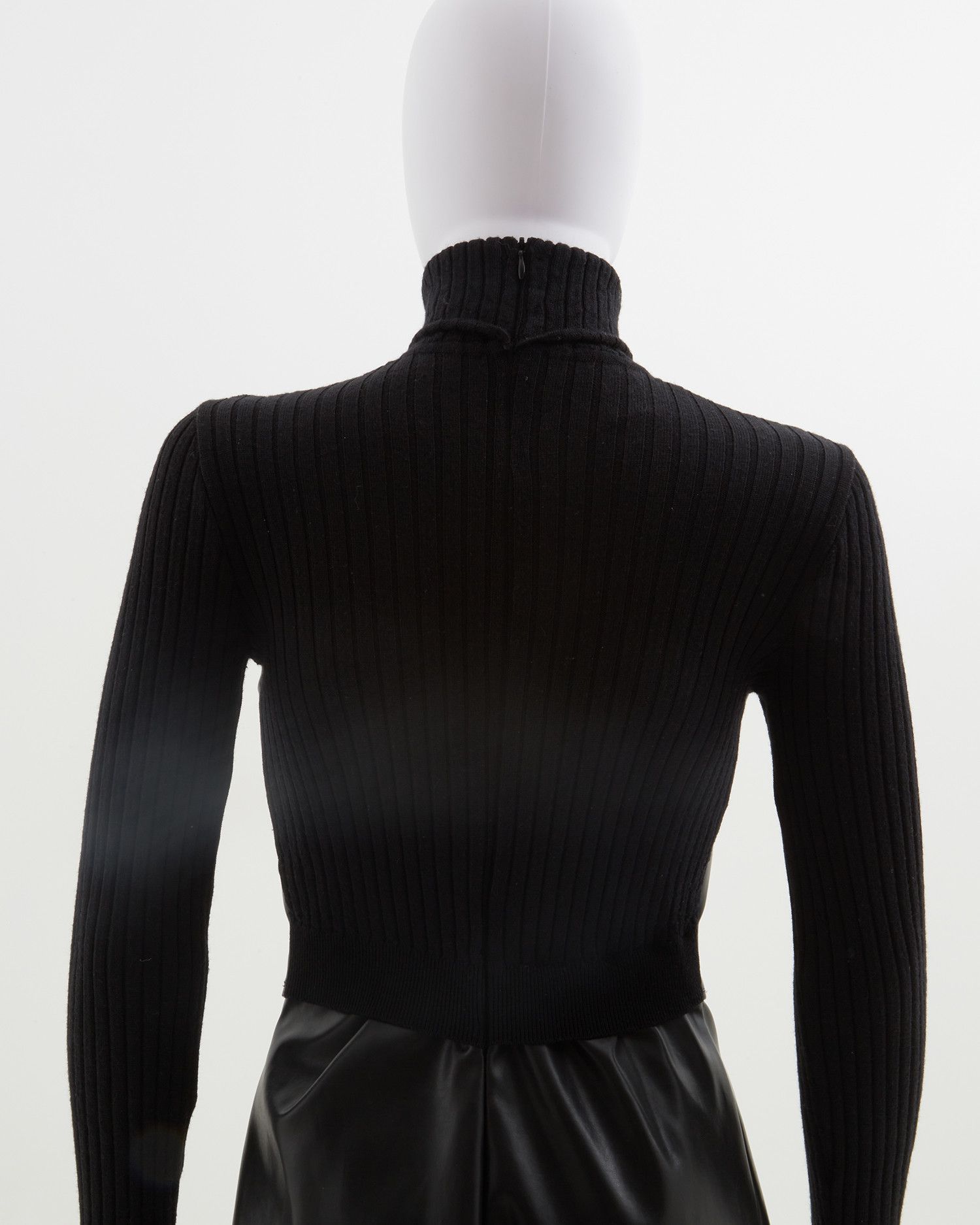 Jean Paul Gaultier Early 90's black leather & ribbed knit high-neck wool dress Size M / US 6-8 / IT 42-44 - 5 Thumbnail