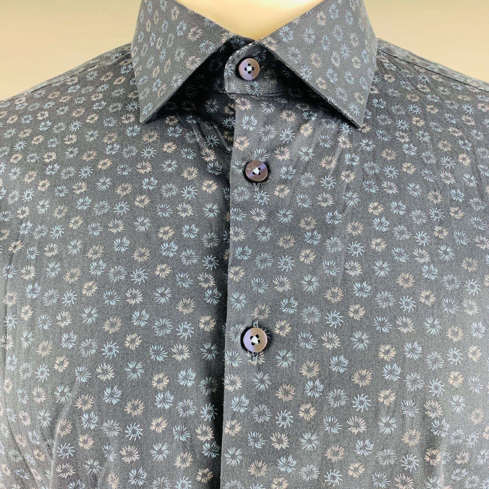 Stone Rose Navy Blue Abstrack floral Cotton Elastane Long Sleeve Shirt Size US M / EU 48-50 / 2 - 2 Thumbnail