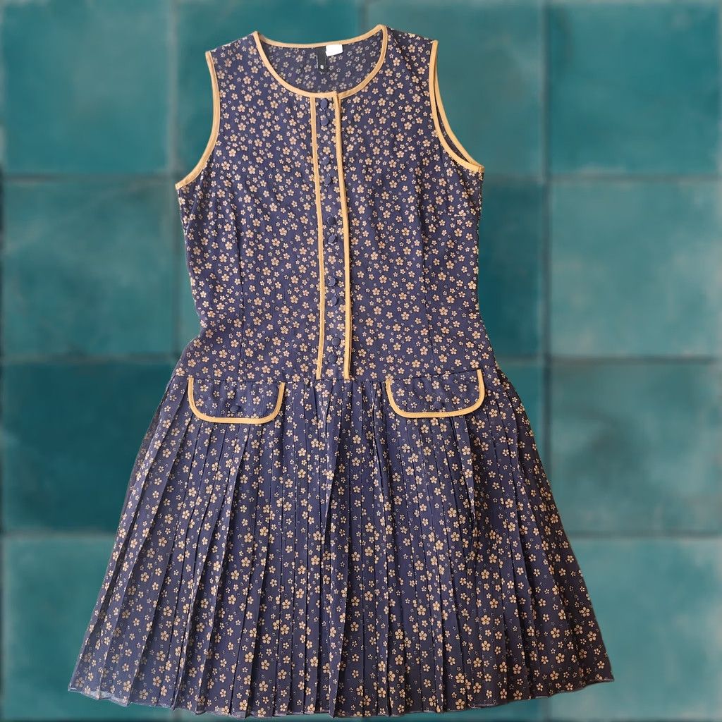h&m navy pleated dress H&M Women's Navy Blue Pleated 3/4 Sleeve Chiffon Lined Shift Dress Size 6