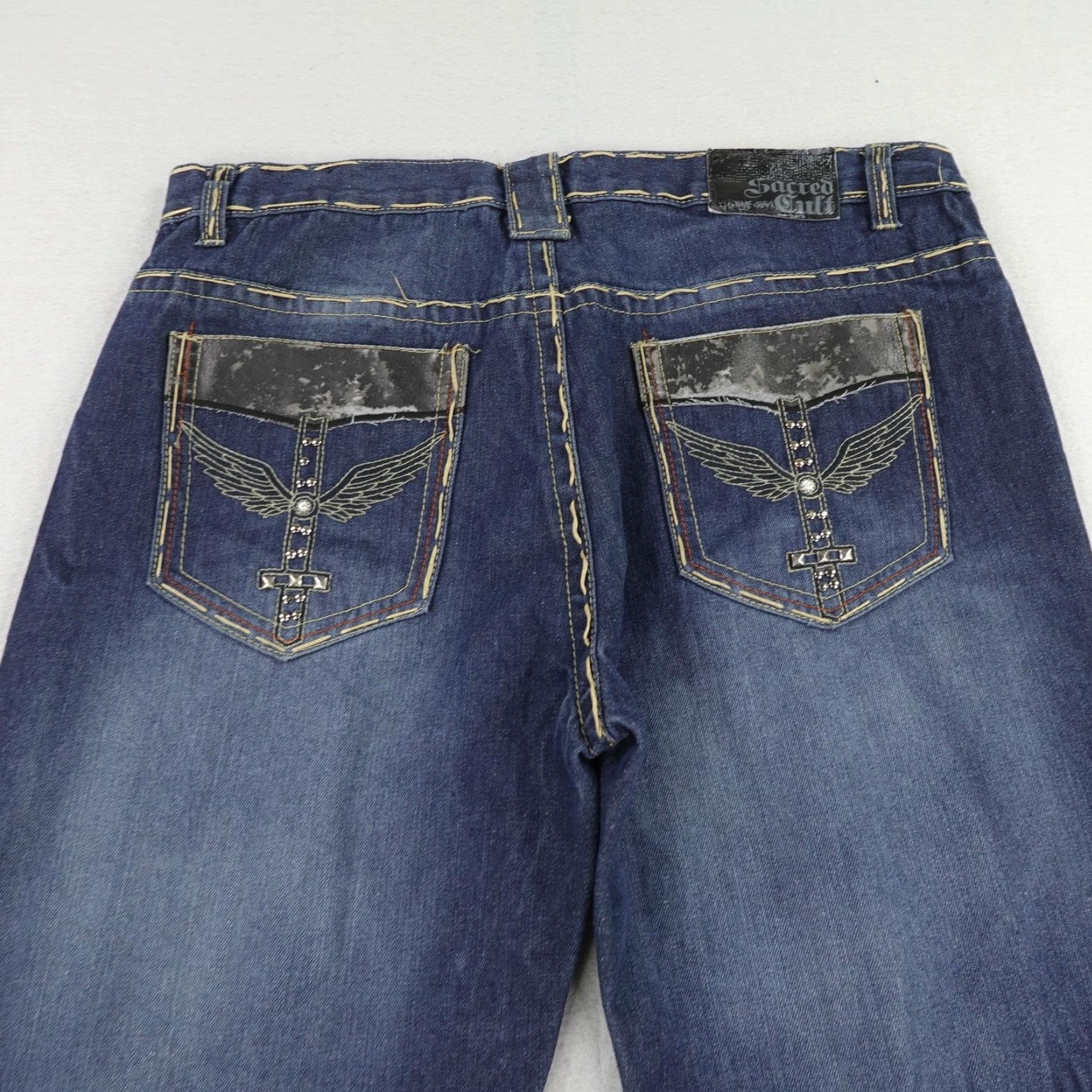 Denime VINTAGE Sacred Cult Jeans Men 40x33 Denim Baggy Straight Embroidered Y2K Blue Mens 40x33 Size US 40 / EU 56 - 5 Thumbnail