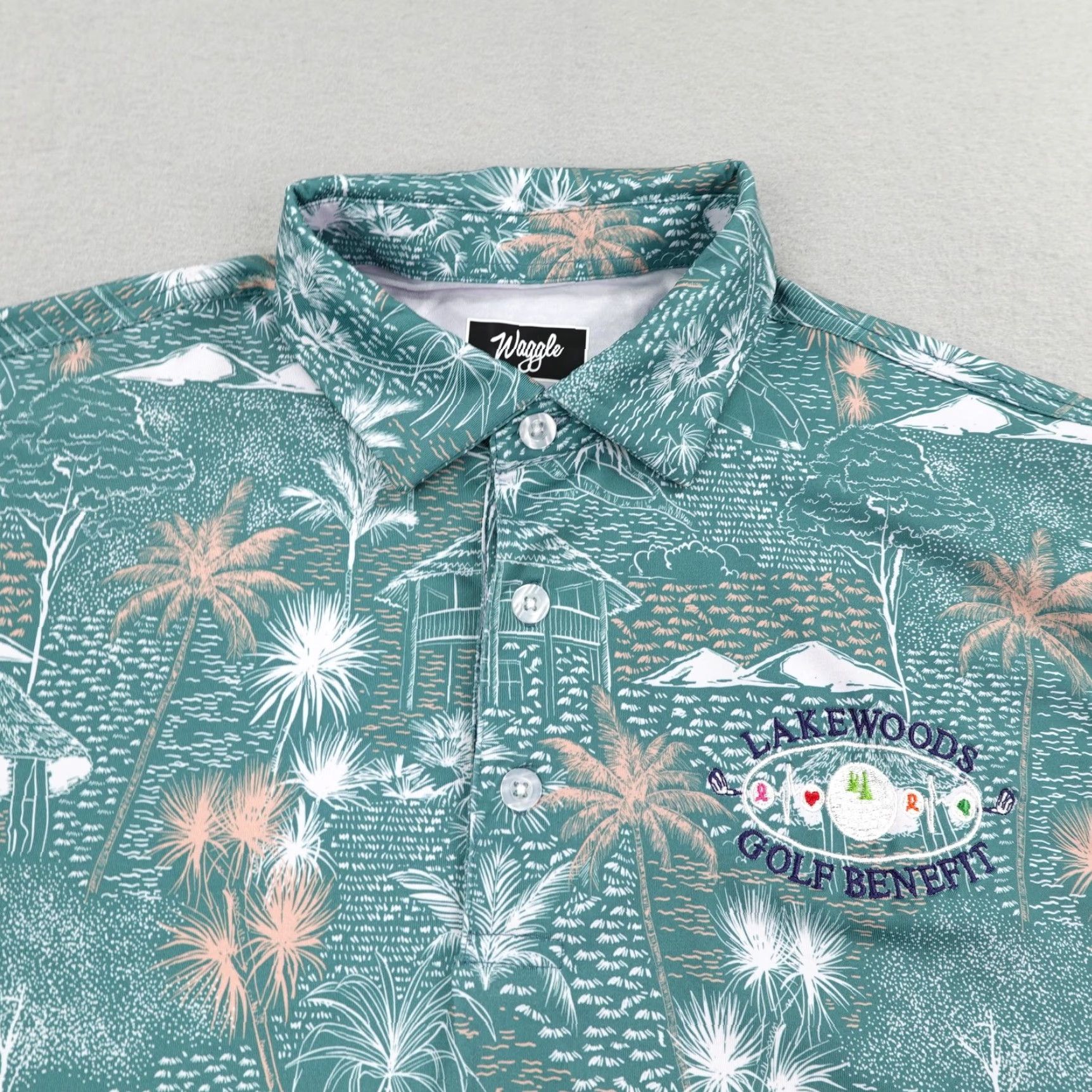 Vintage Waggle Polo Shirt Men Medium Green Lakewoods Golf Benefit Palm Print Performance Size US M / EU 48-50 / 2 - 2 Thumbnail