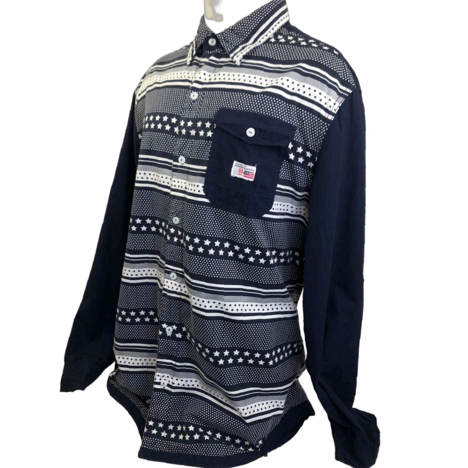 Vintage PARISH NATION Mens 2XL STARS & STRIPES Blue/White Quality Deserves Quality Shirt Shirt Long Sleeve Button-Up Mens 2XL Blue Stars & Stripes Size US XXL / EU 58 / 5 - 1 Thumbnail