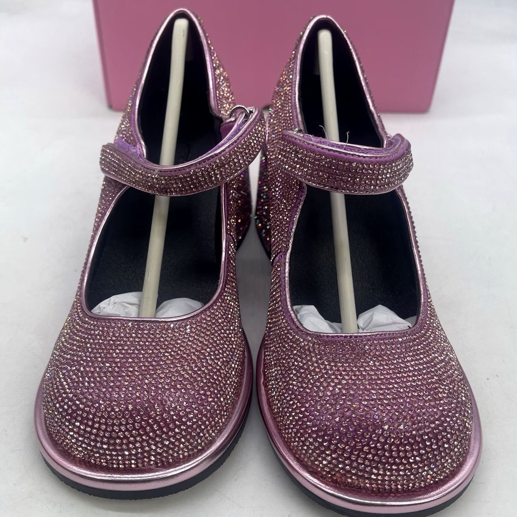 Vintage Sugar Thrillz Platform Heels Womens 8M Pink Glitter Rhinestone Block Heel 4in Buckle New w Box Size US 8 / IT 38 - 7 Thumbnail