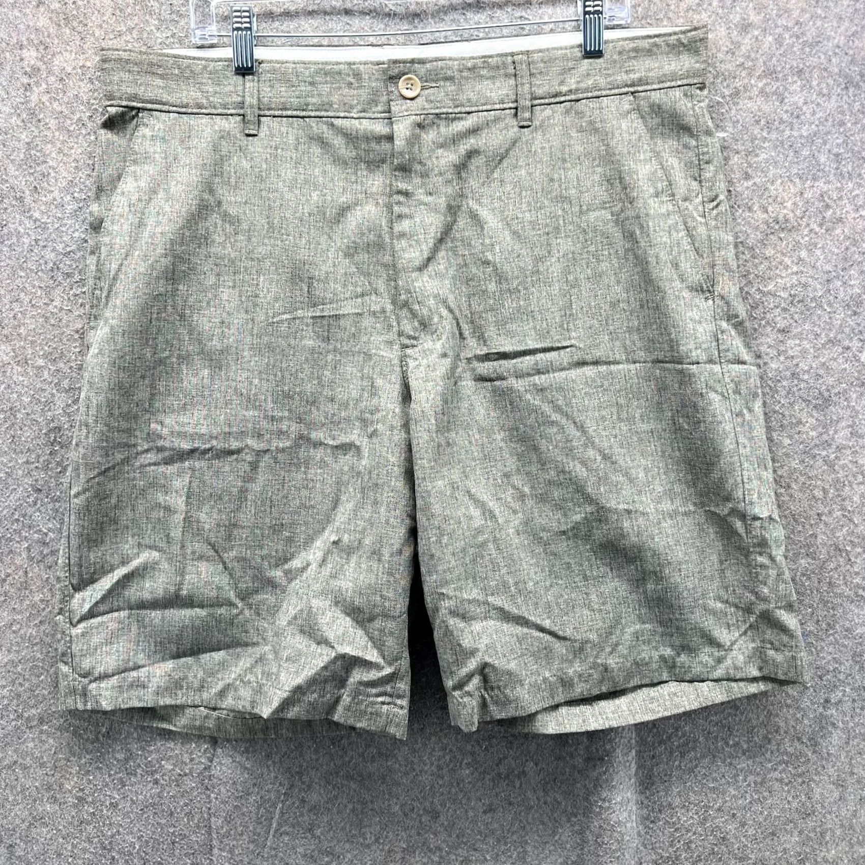 Vintage Greg Norman Shorts Mens 36 Heather Gray Chino Flat Front Polyester Casual Travel Slim Regular Button Front Pockets Slash Pocket Knit? Size US 36 / EU 52 - 2 Thumbnail