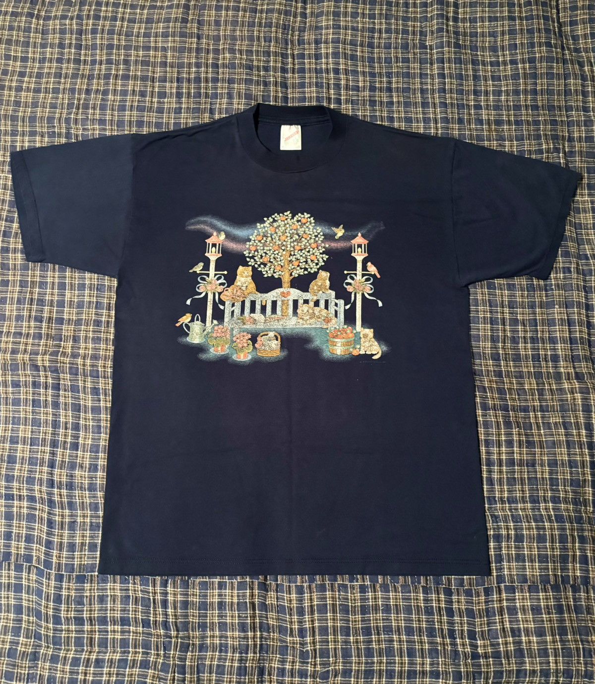 Jerzees Cats Graphic Tee Granny Core Retro Design Navy Blue Crewneck Size US L / EU 52-54 / 3 - 1 Thumbnail