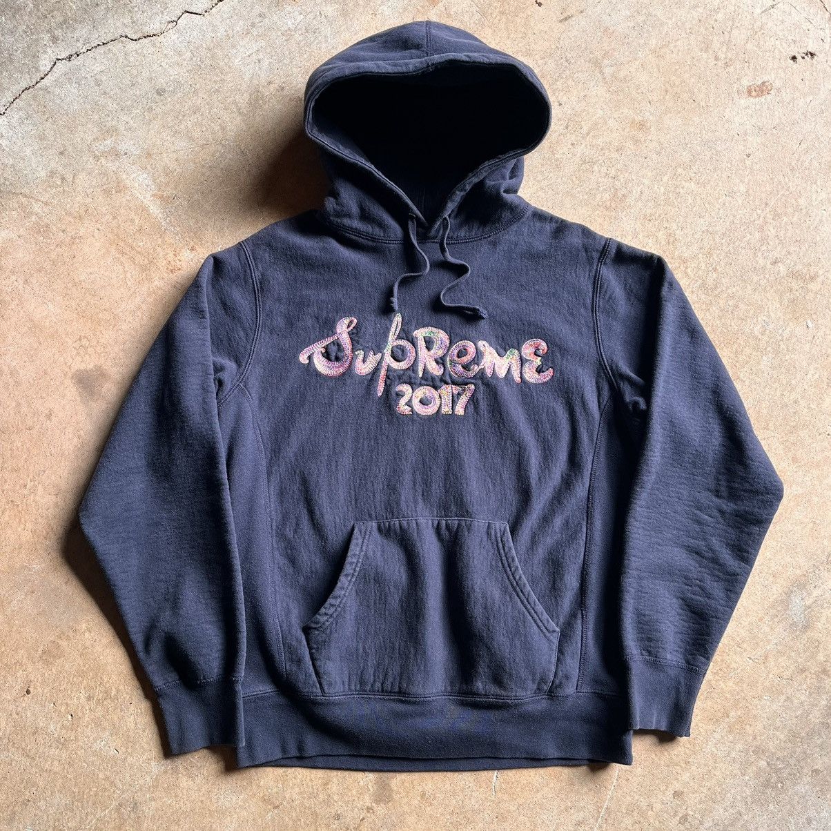 Pre-owned Hype X Supreme 2017 Supreme Cursive Logo Multicolor Stitching Hoodie Skater In Navy