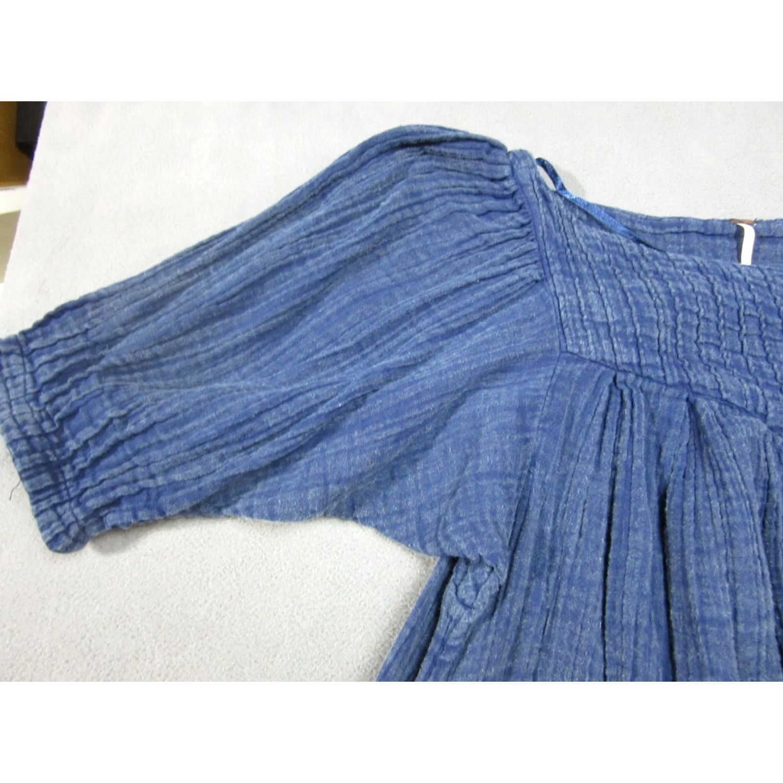 Free People Free People Dress Womens XS Blue Peasant Mini Square Neck Puff Sleeve Frayed Hem Size XS / US 0-2 / IT 36-38 - 3 Thumbnail