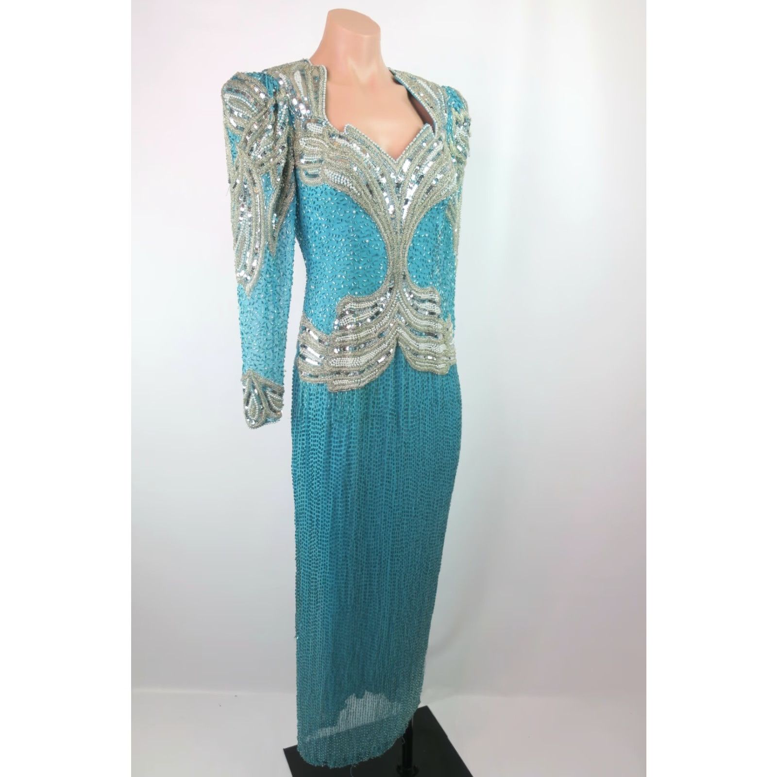 Vintage Oleg Cassini Silk Beaded Backless Dress Women's Blue