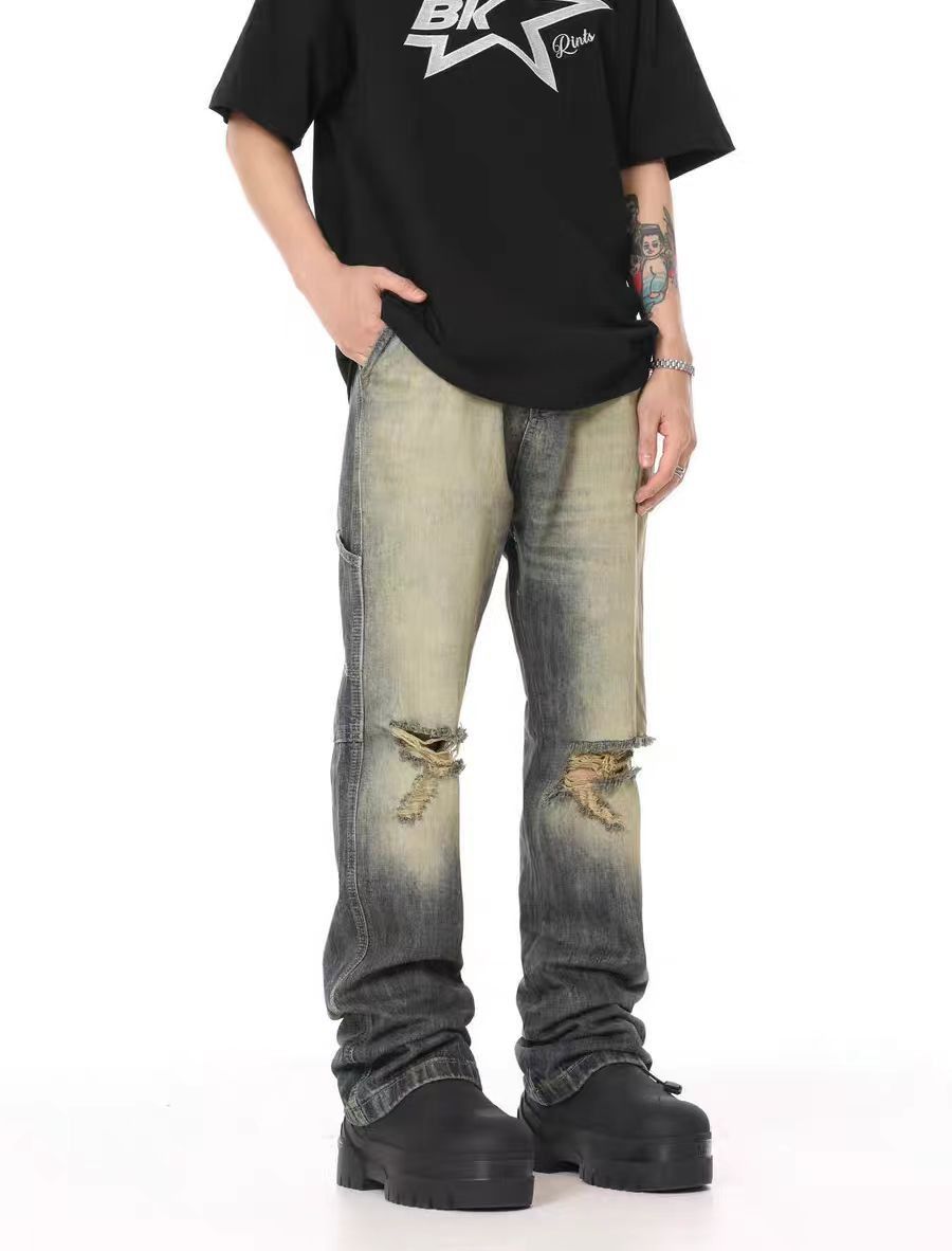 High Street Hip Hop Heavy Wash Yellowing Ripped Flared Jeans
