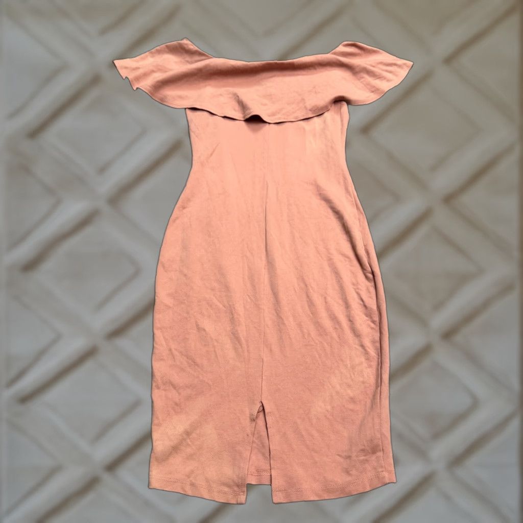 Pinko Privy Dress Womens Medium Pink Off Shoulder Ruffle Bodycon Pencil Midi Stretch Size M / US 6-8 / IT 42-44 - 1 Thumbnail