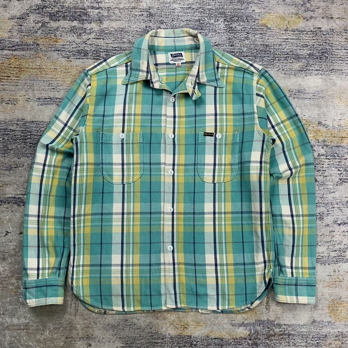 image of Pherrows Heavy Weight Chambray Flannel in Blue Plaid, Men's (Size Medium)