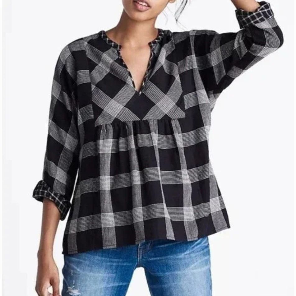 Madewell Madewell Hayden Black & White Plaid V-Neck Boho Top XXS Size XXS / US 00 / IT 34 - 1 Thumbnail