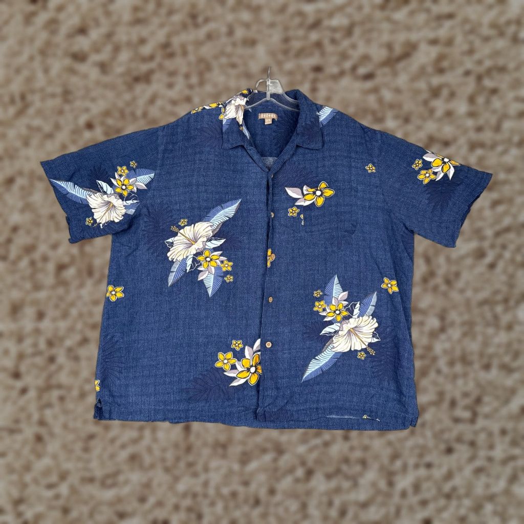 George George Hawaiian Shirt Men XL Blue Yellow Floral Button-Up 100% Rayon Casual Short Sleeve Made in Bangladesh Regular Fit Womens? Size US XL / EU 56 / 4 - 1 Thumbnail