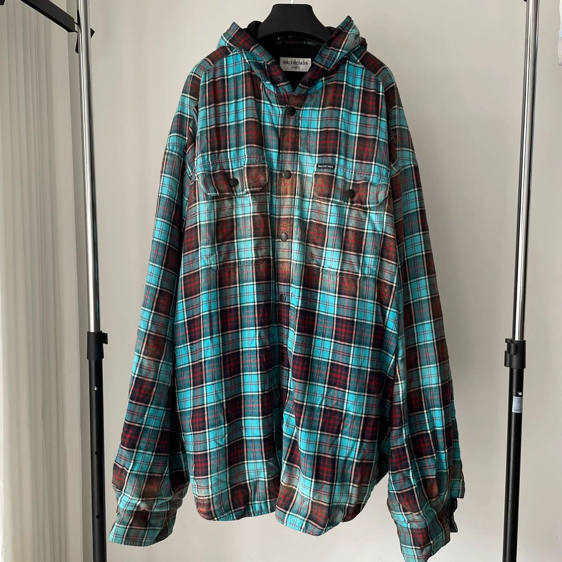 Balenciaga Flannel Plaid Tie-Dye Hooded Jacket