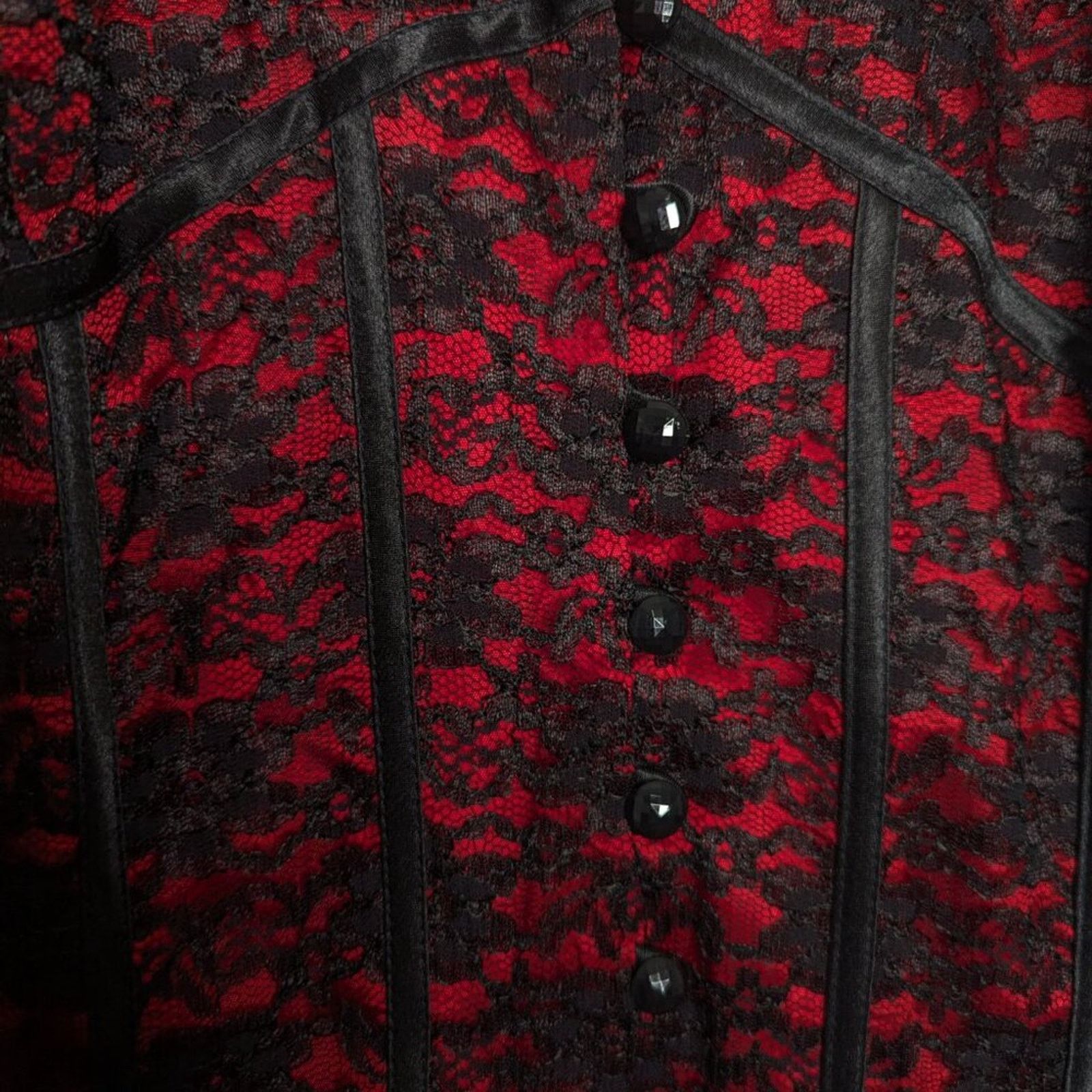 Vintage Vintage 90's JR Nites Red Black Lace Blazer Satin Trim Goth Size 3XL / US 20-22 - 5 Thumbnail