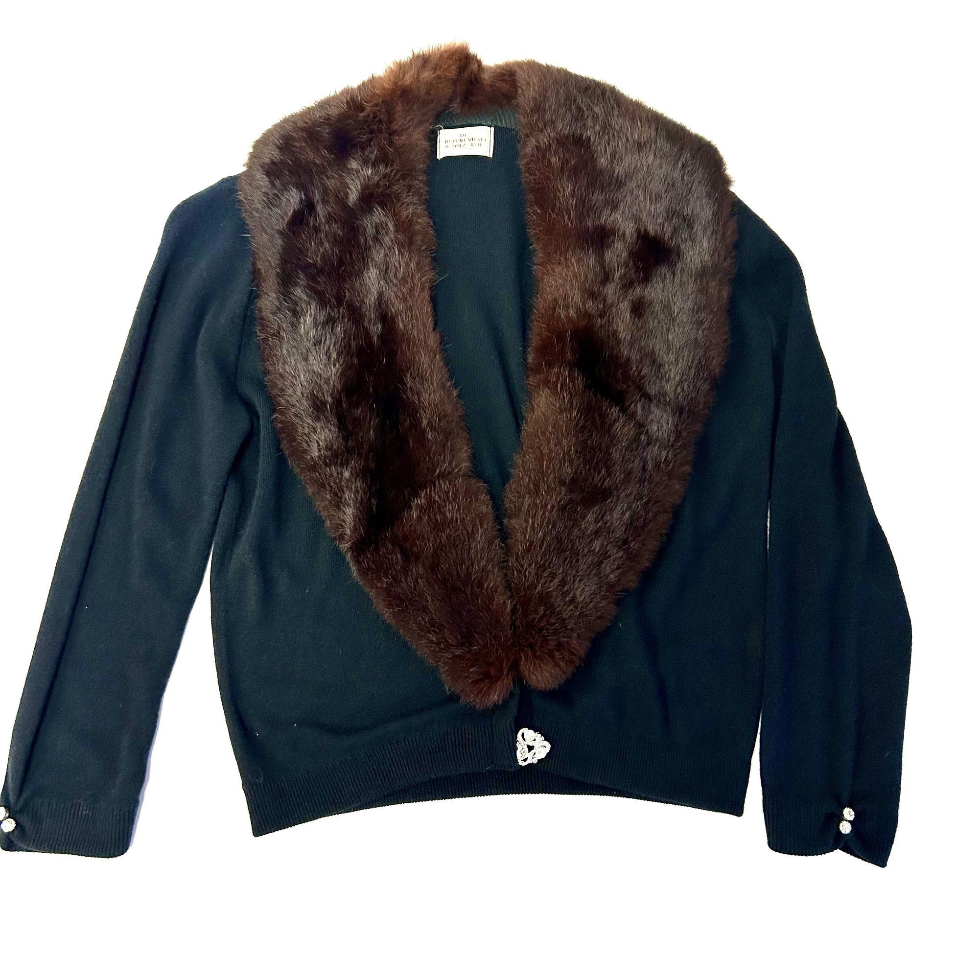 50's Orlon Cardigan MINK FUR Collar Jeweled Clasp Sweater M