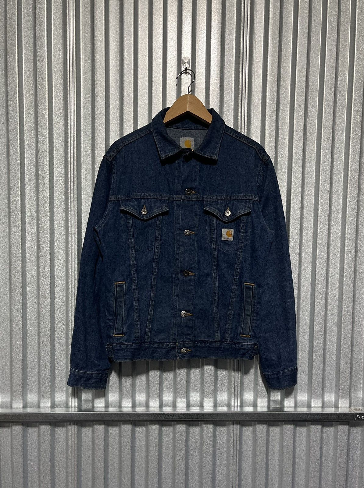 image of Crazy Vintage Carhartt Denim Trucker Jacket Workwear Unique in Blue, Men's (Size Small)