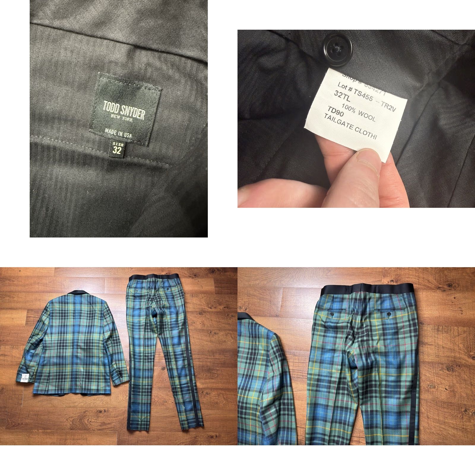 Todd Snyder NWT Todd Snyder Italian Peak Lapel Tuxedo Suit Wool Tartan Plaid Mens Size 40L Jacket Pants 2 Piece Green Wool Peak Taupe/Green? Size 40R - 10 Thumbnail