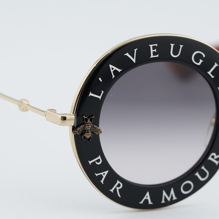 Gucci Gucci GG0113S 001 Sunglasses Black Gold Round Frame, Grey Size ONE SIZE - 6 Thumbnail