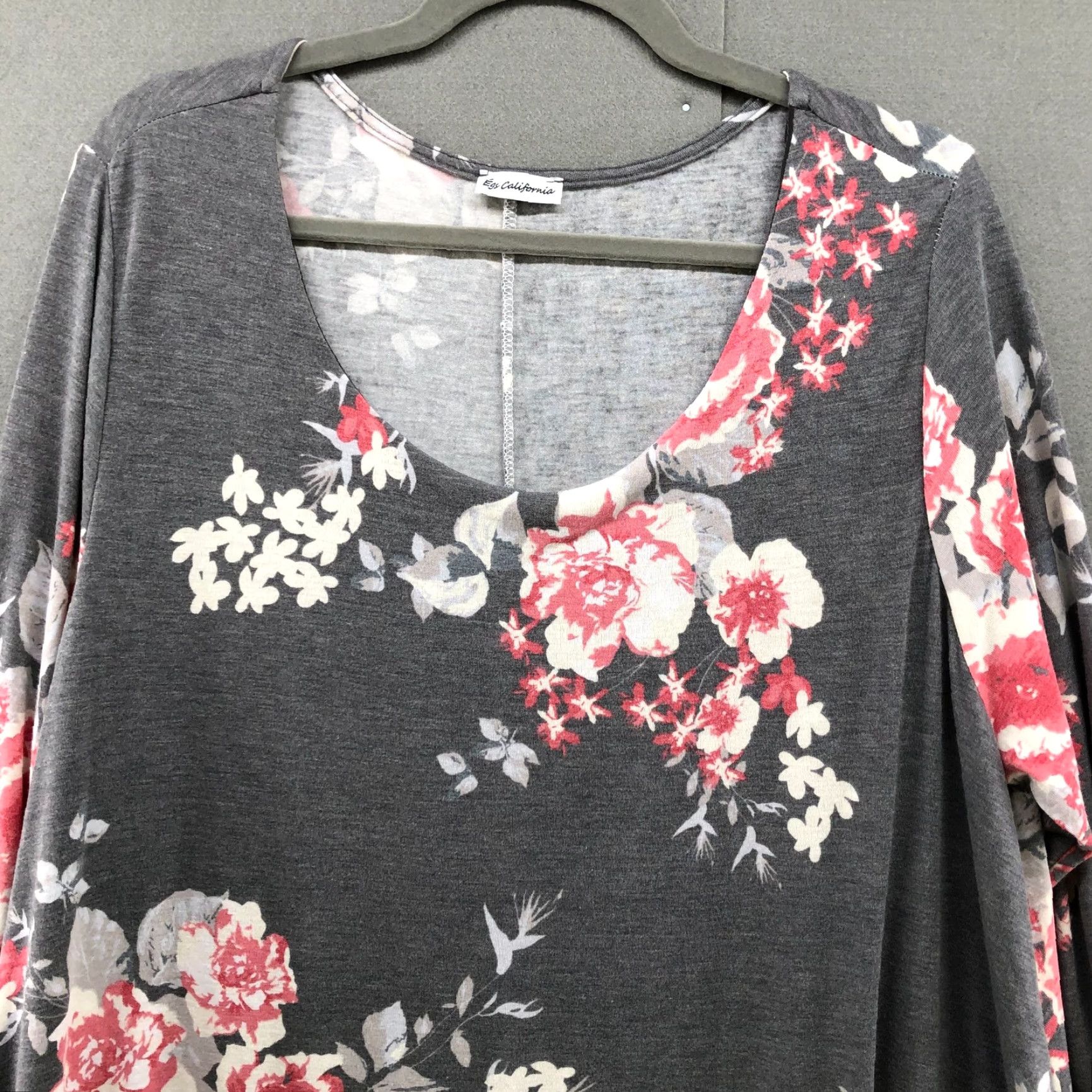 Vintage VINTAGE Egy California Jersey Knit Tunic Top/Dress Chiffon Hem Gray Floral Womens 2X Size XXL / US 16-18 / IT 52-54 - 3 Thumbnail
