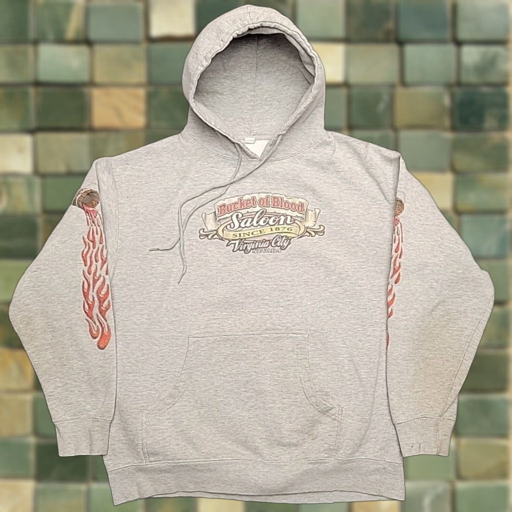 VTG Bucket of Blood Saloon Hoodie Men L Gray Hooded Sweatshirt Y2K Virginia City