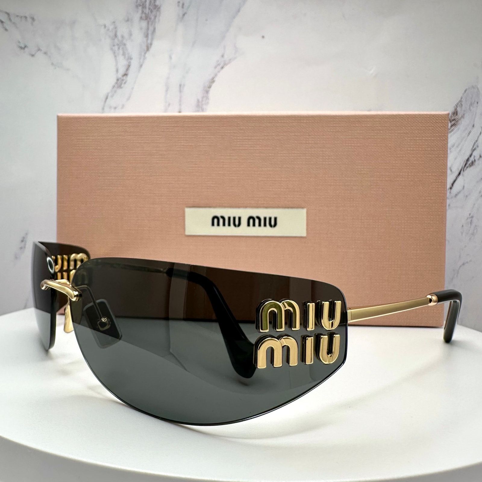 Miu Miu New MIU MIU Sunglasses Gold Dark Gray Lens Runway Wrap Size ONE SIZE - 21 Thumbnail