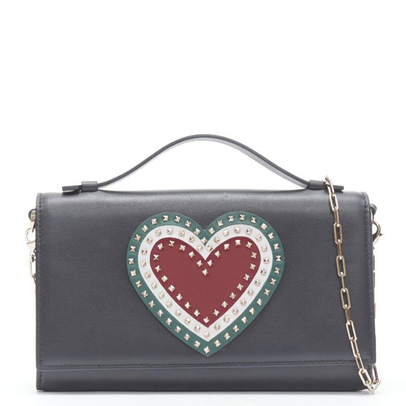 new VALENTINO black leather Rockstud green red heart gold chain wallet clutch