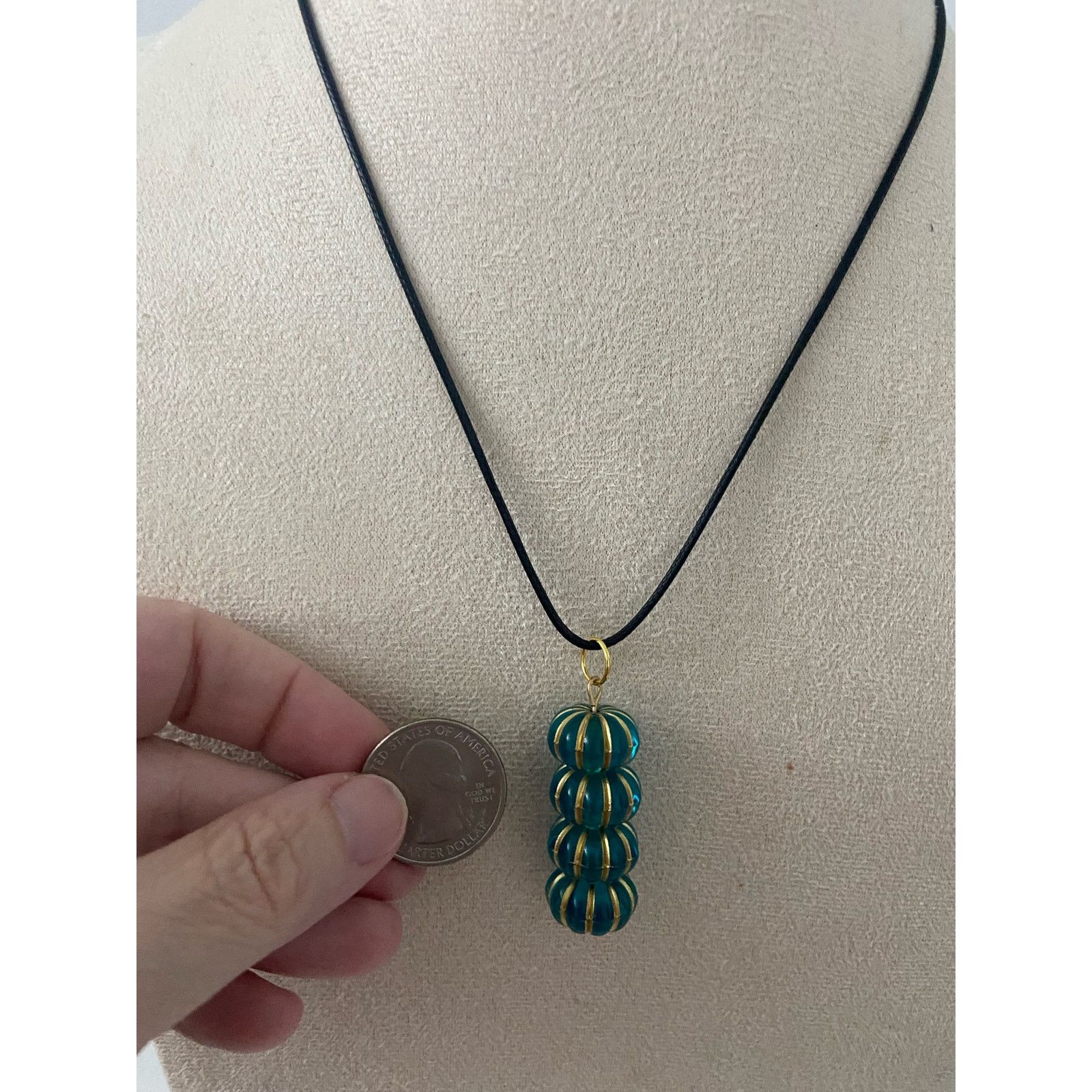 Handmade teal and striped gold globe pendant necklace Size ONE SIZE - 2 Thumbnail