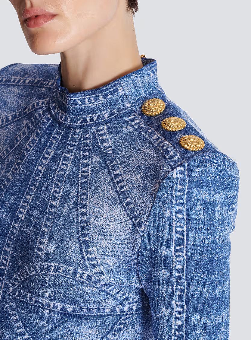 Balmain o1s1wg111225 Jacquard Knit Dress With Denim Effect in Blue Size M / US 6-8 / IT 42-44 - 7 Thumbnail