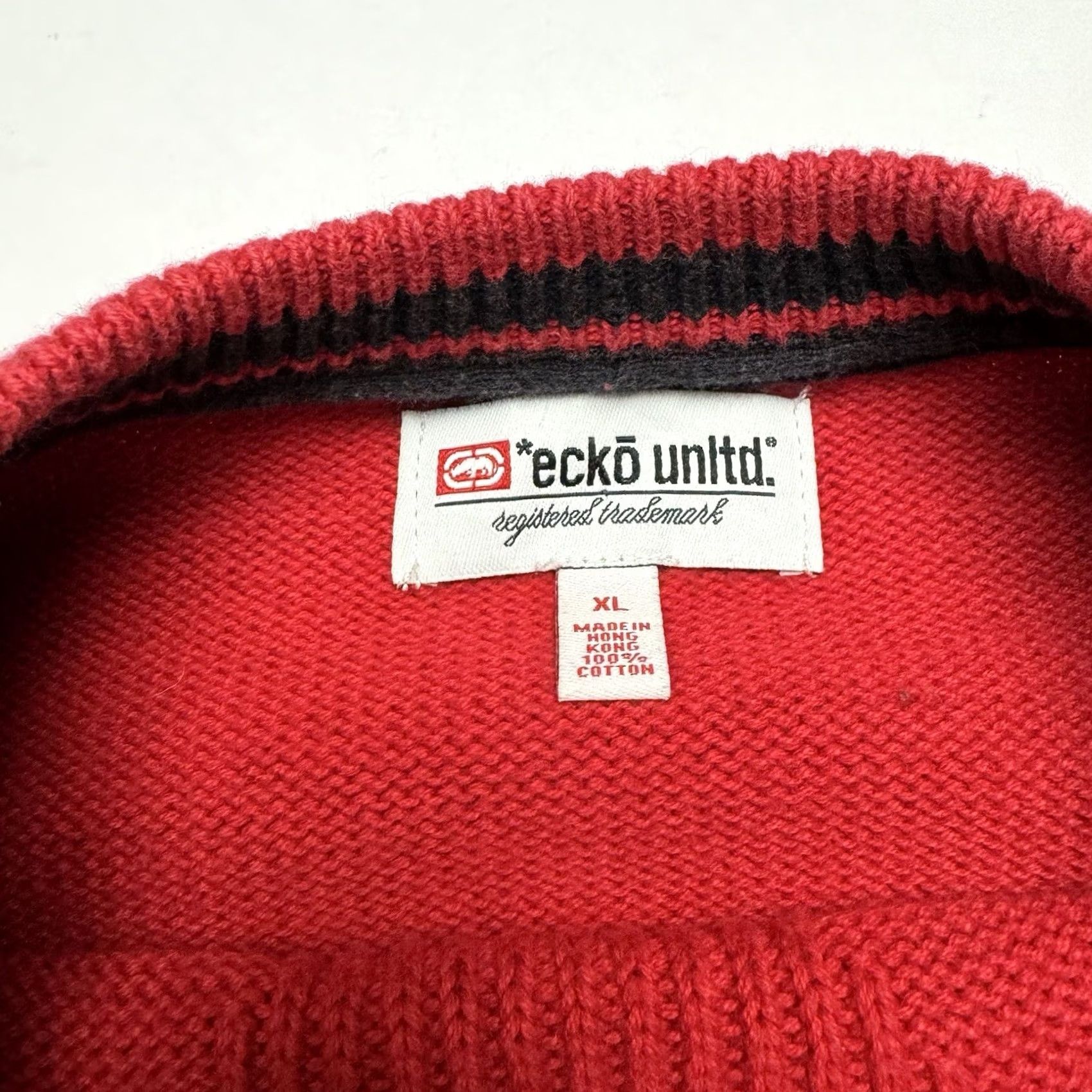Ecko Unltd. Ecko UNLTD Sweater Mens XL Red Embroidered Patch Striped Crew Neck Pullover Hip Hop 90s 00s Size US XL / EU 56 / 4 - 4 Thumbnail