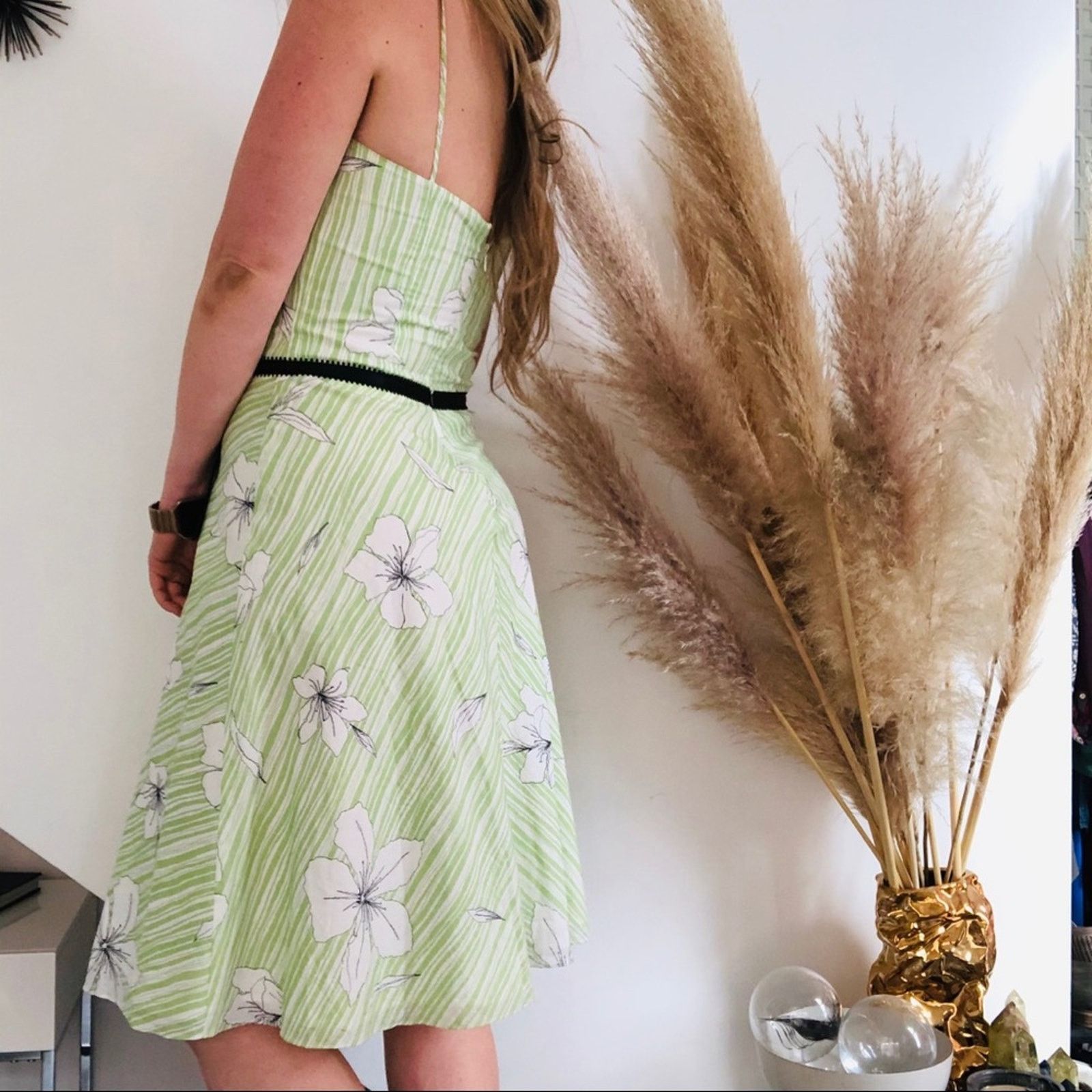 Vintage VINTAGE WANG Green White Striped Floral Tank Black Dress Size M / US 6-8 / IT 42-44 - 3 Thumbnail