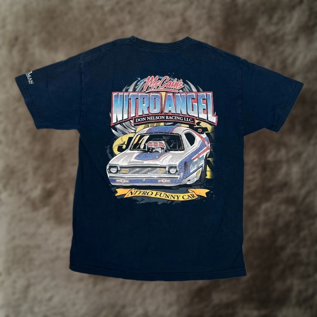 Vintage Vintage McCain's Nitro Angel T-Shirt Mens Medium Blue Drag Racing Graphics Back Logo Crew Neck Short Sleeve Size US M / EU 48-50 / 2 - 1 Thumbnail