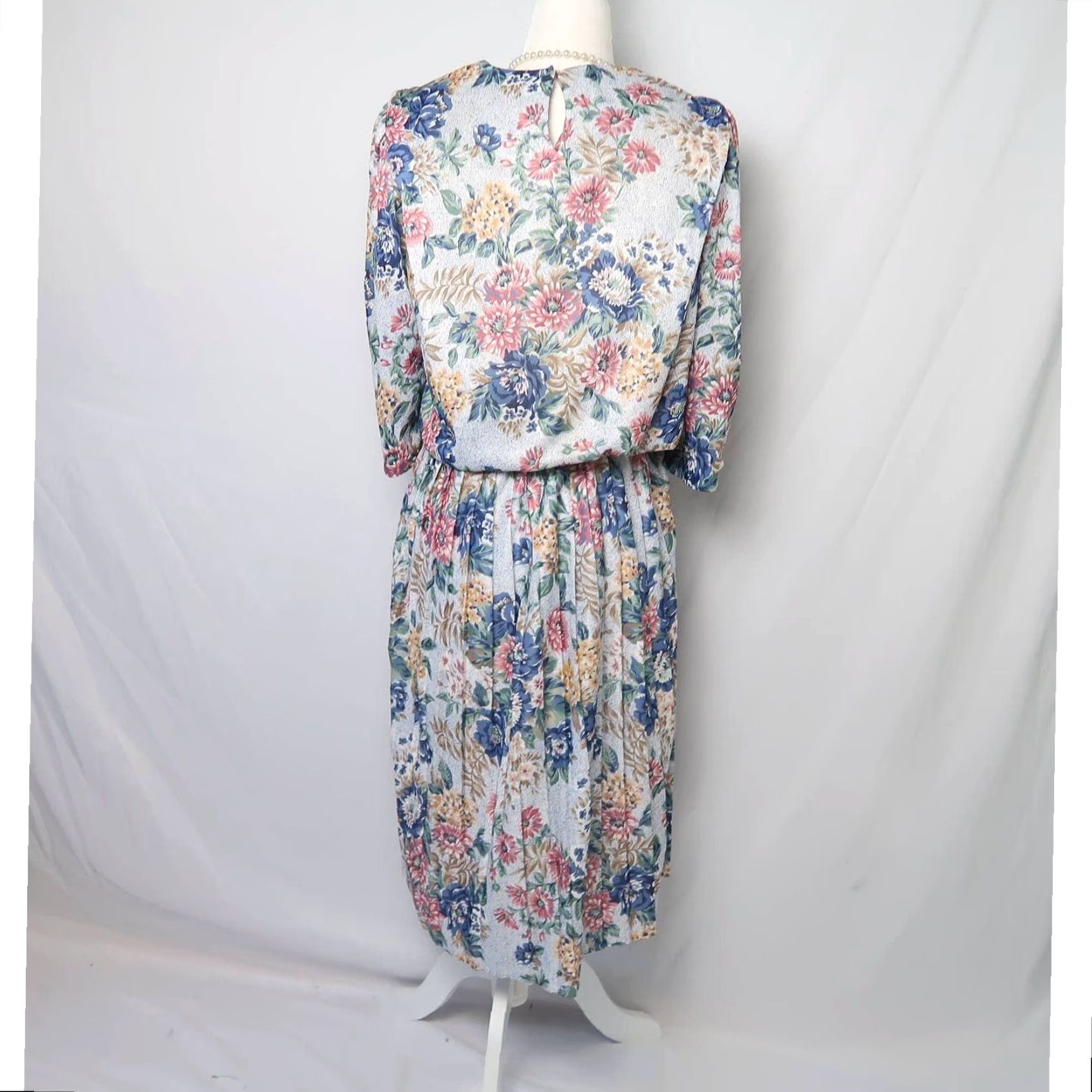 Vintage VINTAGE Cue 80s Midi Dress Knots Blue Pink Grey Floral Bohemian 10 Womens Size L / US 10 / IT 46 - 4 Thumbnail