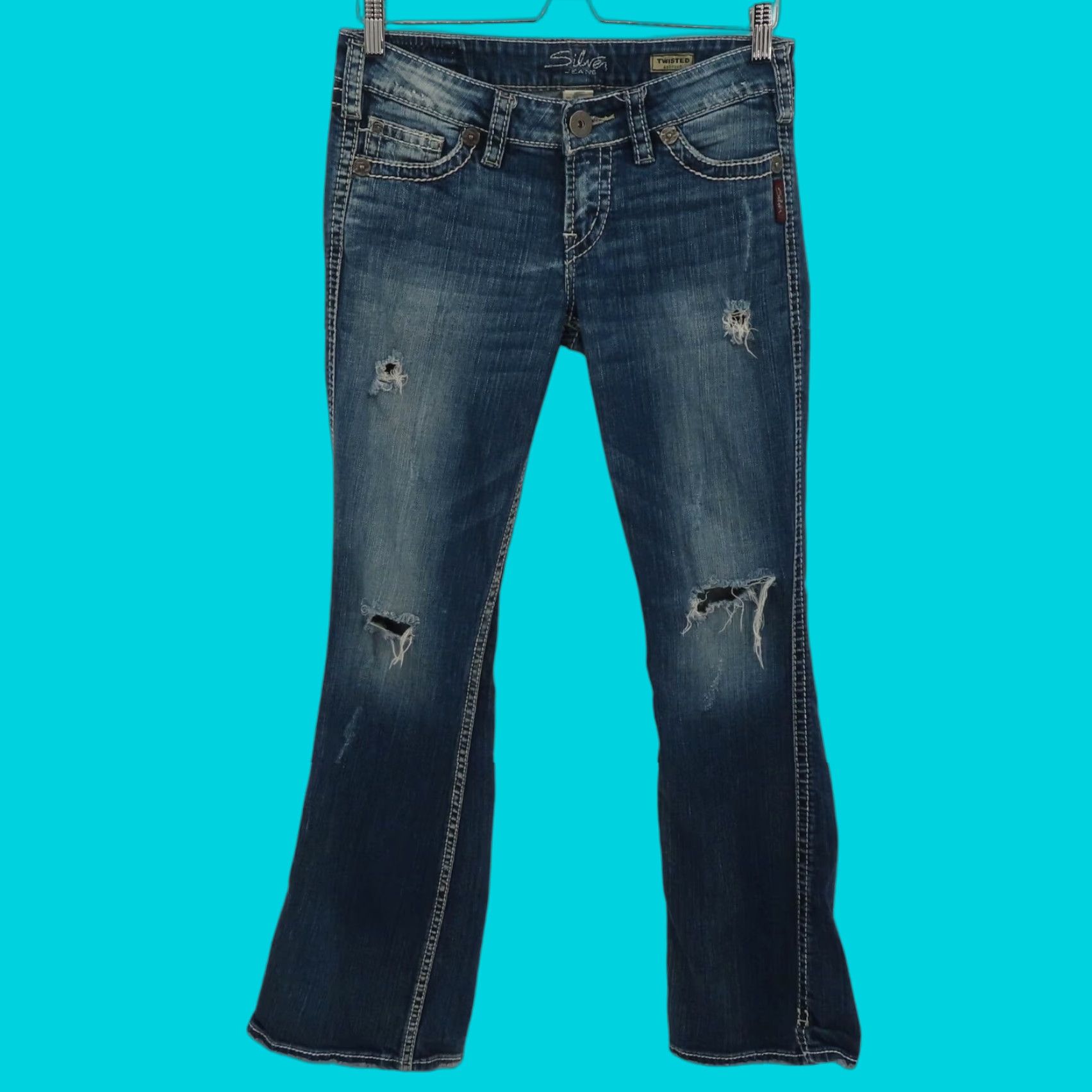 Silver Jeans Co. Silver Jeans Women 5 Twisted Bootcut Distressed Denim Solid Blue White Seams Jeans Women Size 5 Bootcut 5-Pocket Denim Cotton Blend Vintage No Size 27" / US 4 / IT 40 - 1 Thumbnail