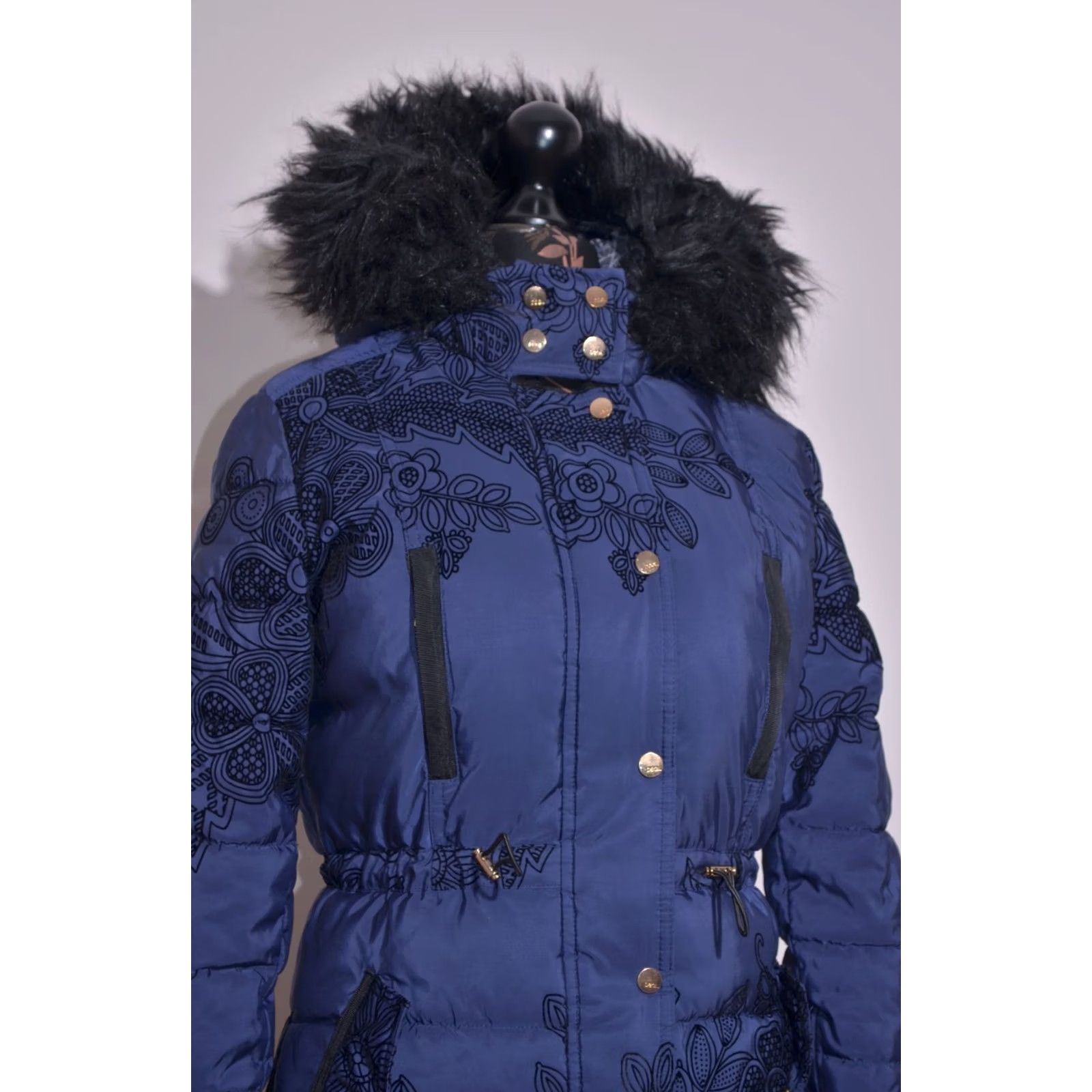 Desigual Desigual Women Blue Floral Puffer Jacket Faux Fur Hood Winter Coat Size 36 Size XS / US 0-2 / IT 36-38 - 2 Thumbnail