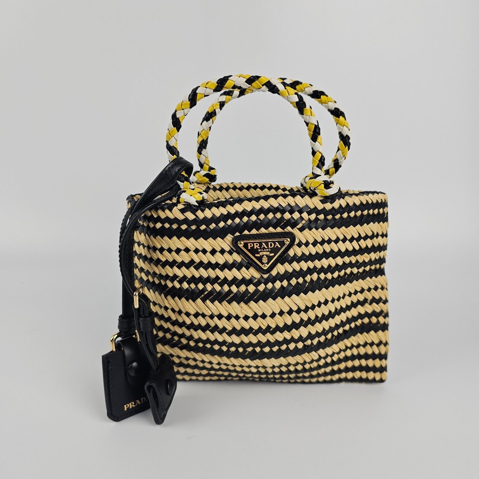Prada PRADA Two-Tone Striped Black Yellow Raffia Shopper Shoulder Size ONE SIZE - 7 Thumbnail