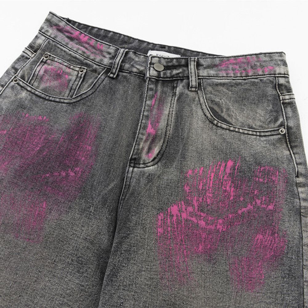 Vintage Men's trendy washed distressed splatter paint wide-leg jeans Size US 32 / EU 48 - 3 Thumbnail