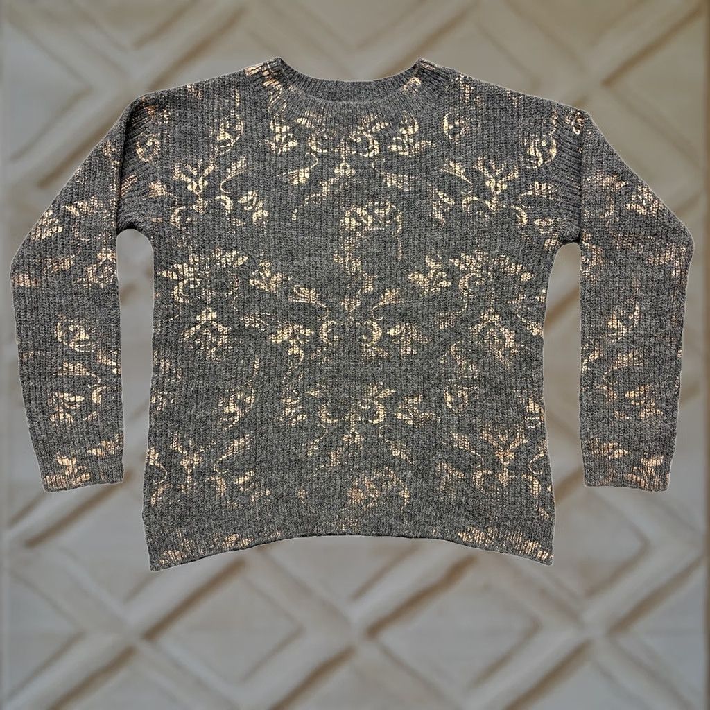 Vintage Revolve Stitches & Stripe Sweater S Gray Rose Gold Foil Print Crewneck Hi Low Pullover Women Size S / US 4 / IT 40 - 1 Thumbnail