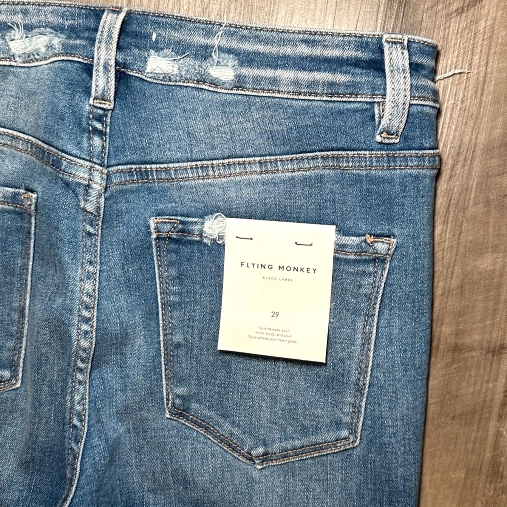 Vintage Flying Monkey Black Label High Rise Crop Flare Raw Hem Jeans 29 Women NWT Blue Jeans Flared Cotton Polyester Rayon Spandex 26.5 Inseam Womens Size 29" - 4 Thumbnail