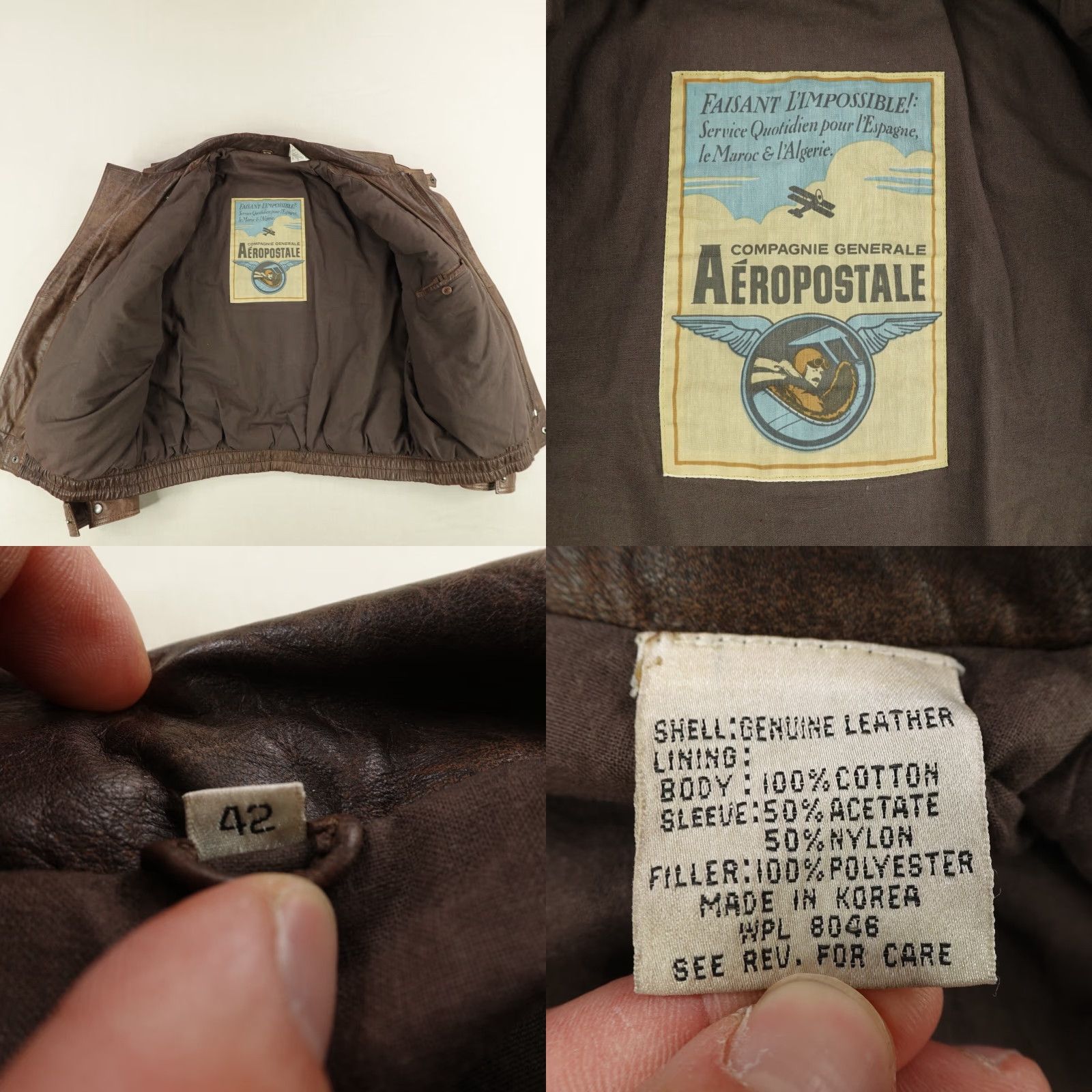 Vintage VINTAGE Aeropostale Jacket Mens 42 Brown Leather Flight Aviators Bomber Coat 90s Outdoor Casual Sports Mens Size US XS / EU 42 / 0 - 8 Thumbnail