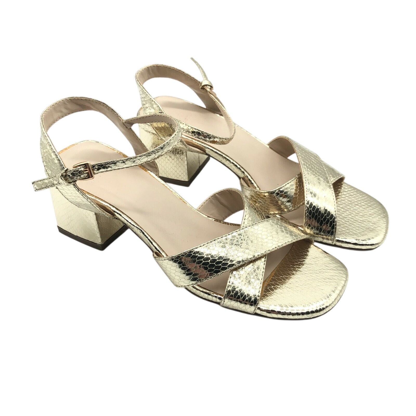Halston H Halston Womens Block Heel Sandals Vegan Leather Gold Ankle Size US 5 / IT 35 - 1 Thumbnail