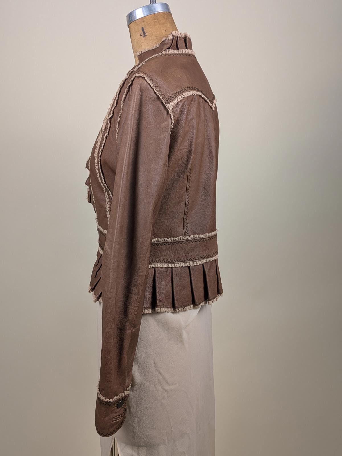 Other 2000's / Y2K brown lace ruffled leather jacket Size S / US 4 / IT 40 - 2 Thumbnail