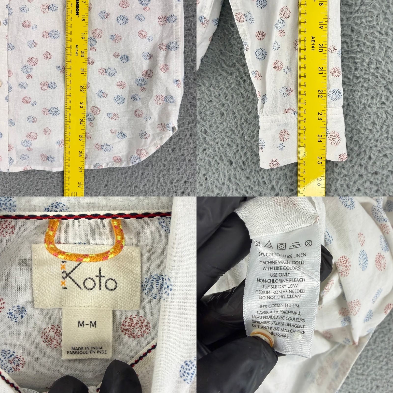 Vintage Koto Button-Down Shirt Mens White Geometric Print Linen Cotton Button Up Long Sleeve Casual Travel Summer Spring Fall Winter 42 in Chest M Size US M / EU 48-50 / 2 - 8 Thumbnail
