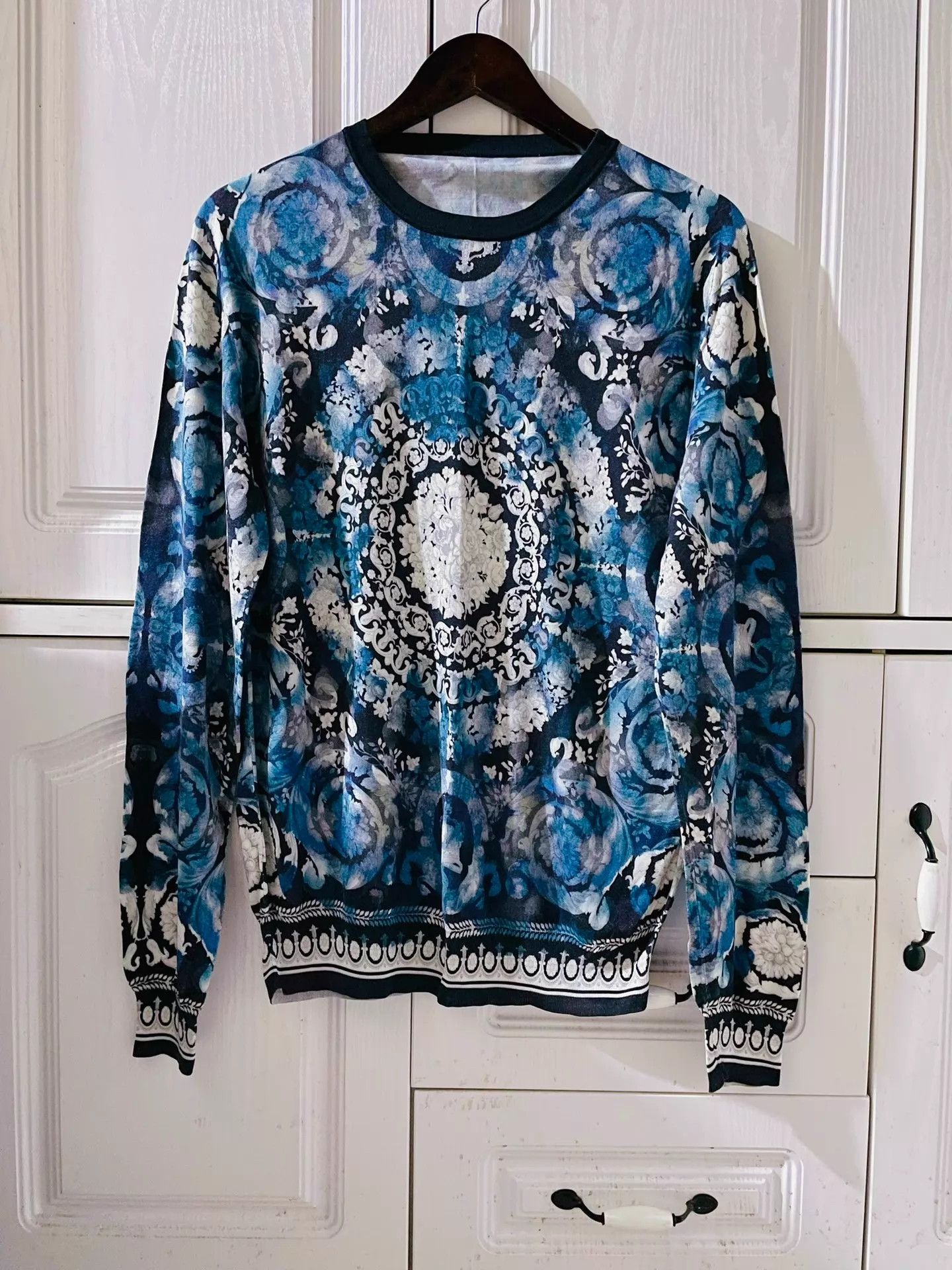 Versace Versace Blue Gold Baroque Floral Silk Print LS XL Size US XL / EU 56 / 4 - 1 Thumbnail