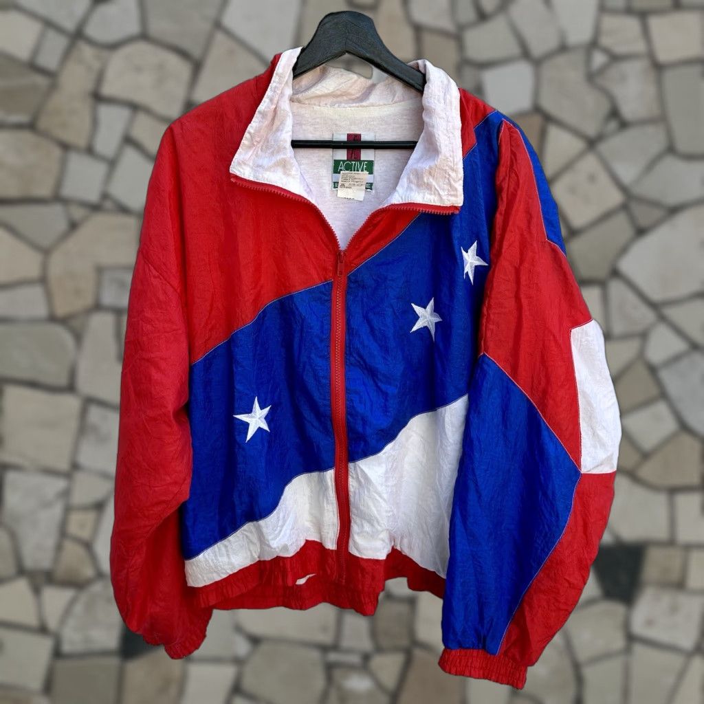 VINTAGE 90s Active Exposure Windproof Jacket Patriotic USA Flag Large L Adults Mens
