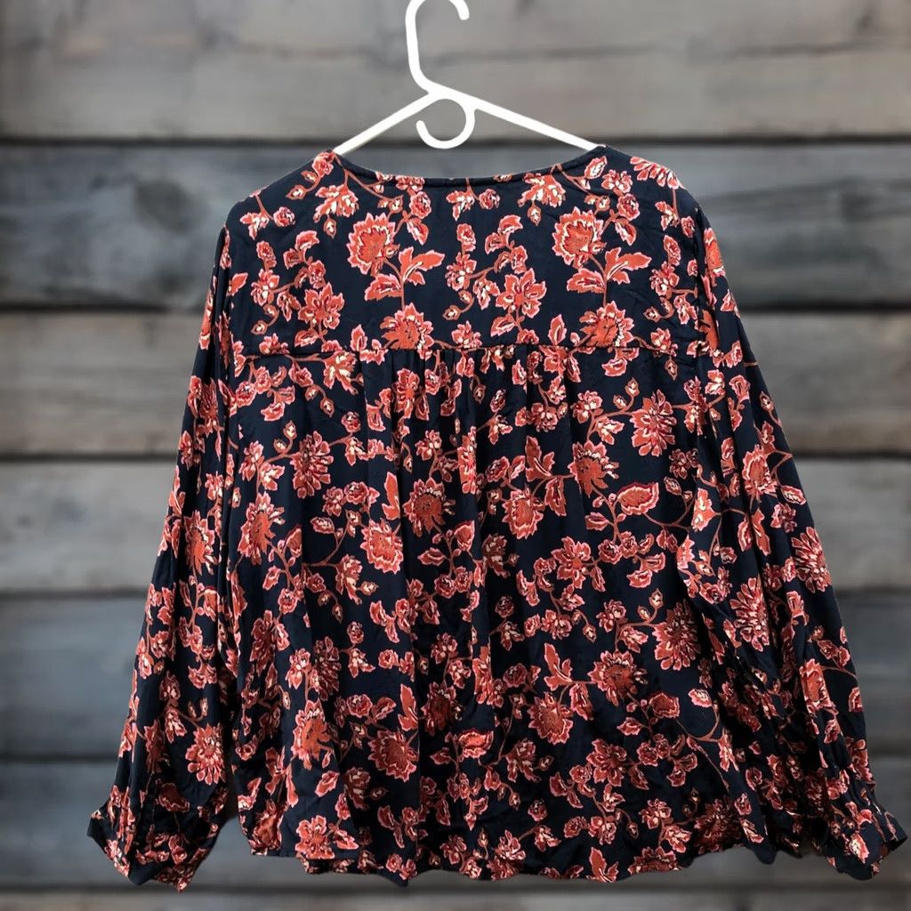Lucky Brand VINTAGE Lucky Brand Floral Smocked Blouse Womens 3X Navy Boho Peasant Long Sleeve Rayon Size XXL / US 16-18 / IT 52-54 - 1 Thumbnail
