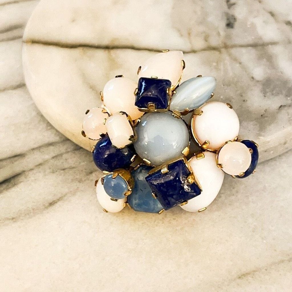 Vintage Vintage Signed Austria Brooch Blue White Glass Prong Set Size ONE SIZE - 1 Thumbnail