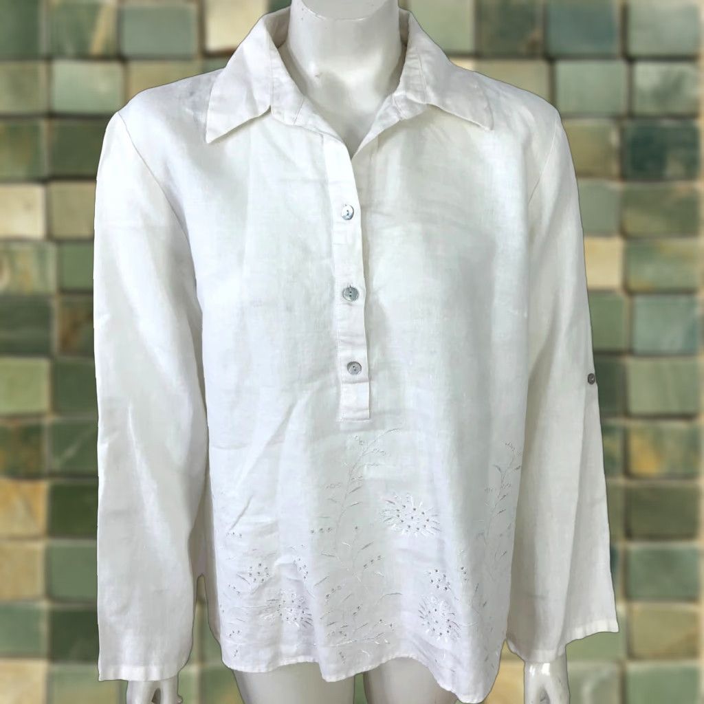 Vintage Richard Malcolm Eyelet White Button-Up Shirt Long Sleeve Linen L Womens Regular Size L / US 10 / IT 46 - 1 Thumbnail