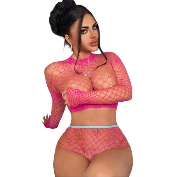 Other Women Hot Pink Sheer Fishnet Lingerie Set Size ONE SIZE - 5 Thumbnail