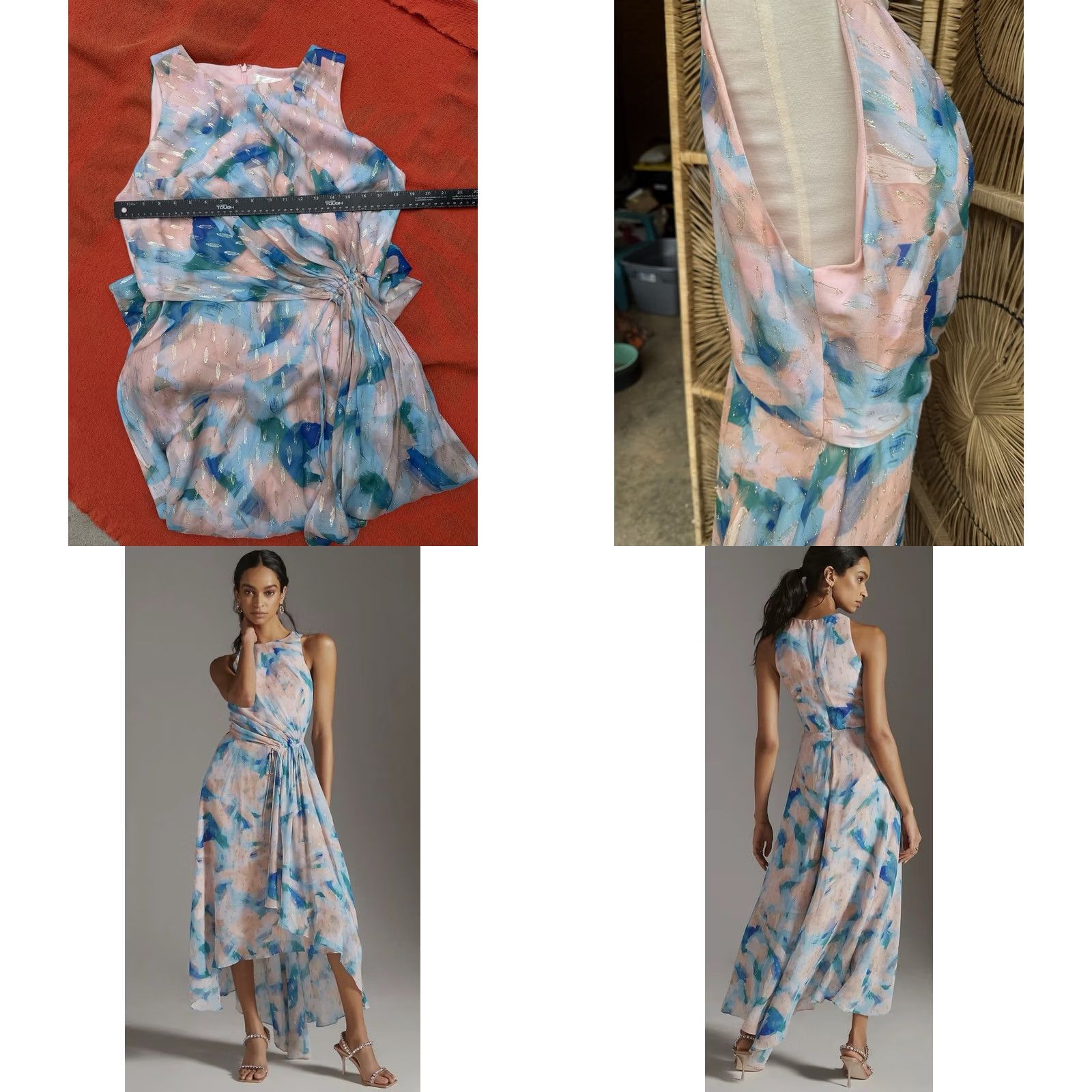 Vintage Shoshanna Blue Macie Brushstroke-Print Hi-Low Gown Dress Size 12 Womens Maxi Plateau? Size XL / US 12-14 / IT 48-50 - 8 Thumbnail